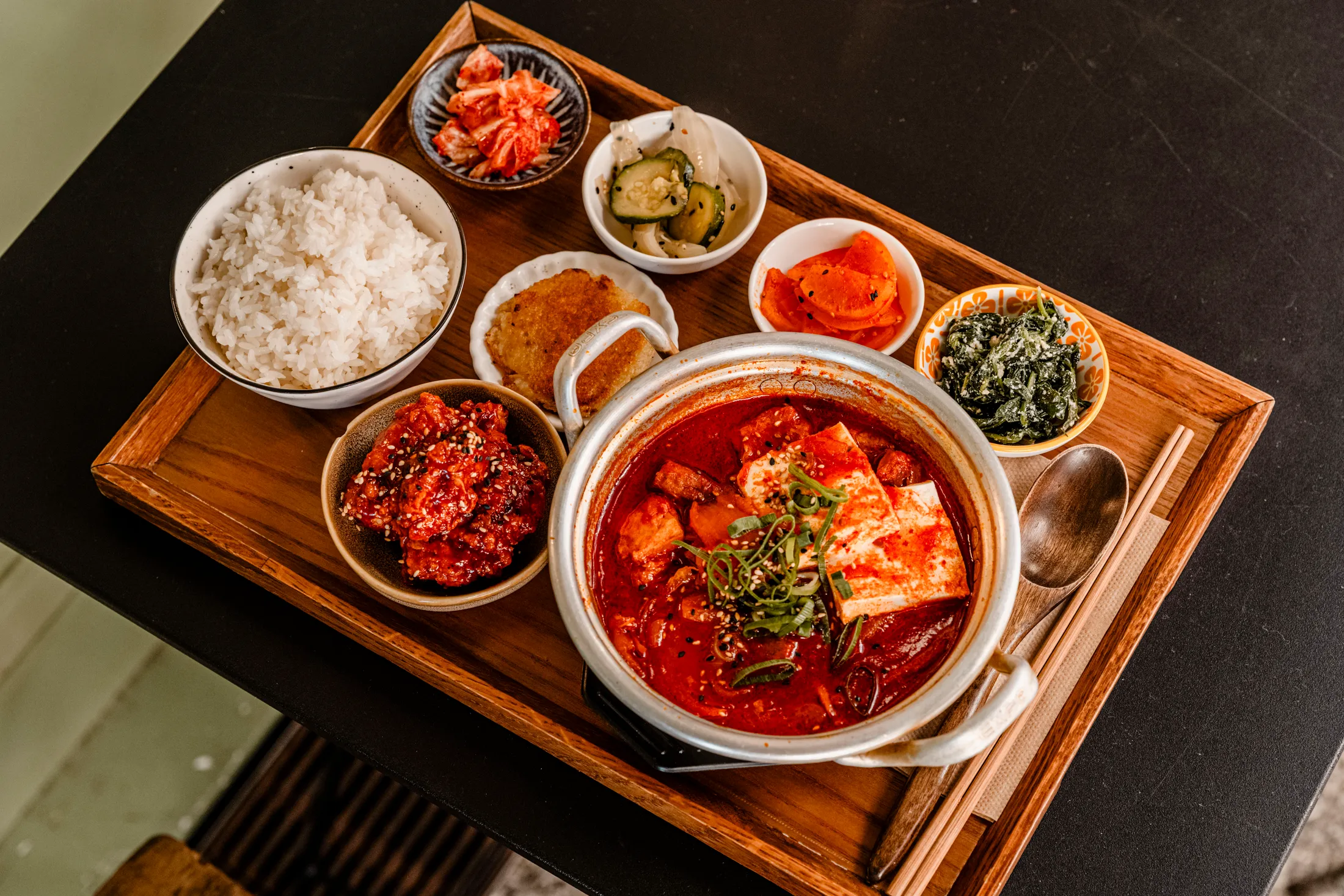 A WATDA Korean stew set with rice and seasonal banchan